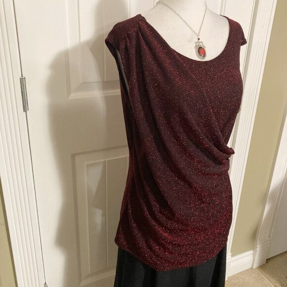 JESSICA Sparkly metallic dark red black short-sleeve draped top ~ LARGE XL shirt - Picture 5 of 13